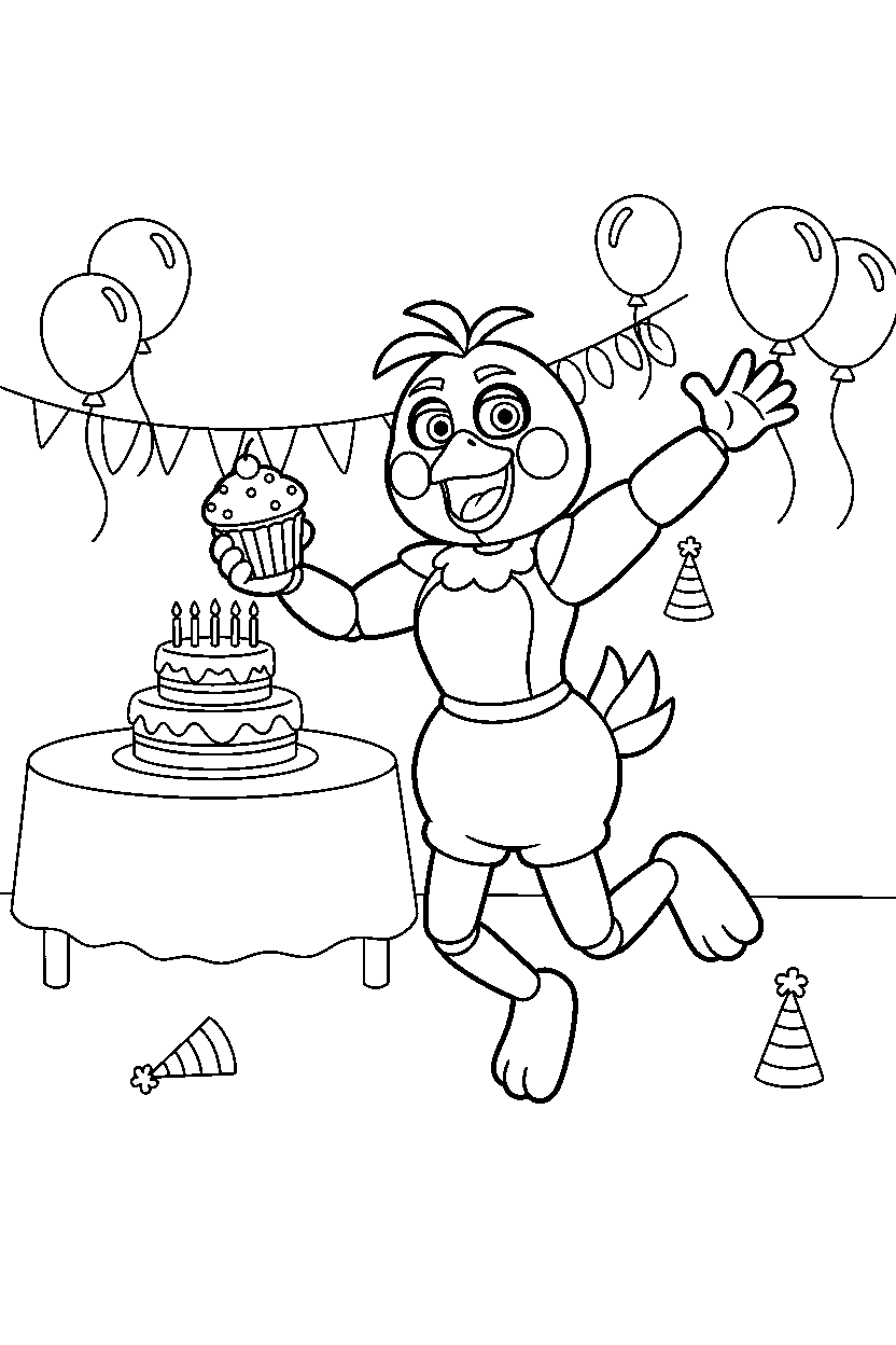 chica the chicken from five nights at freddy s jumping happily in a bright party room line art
