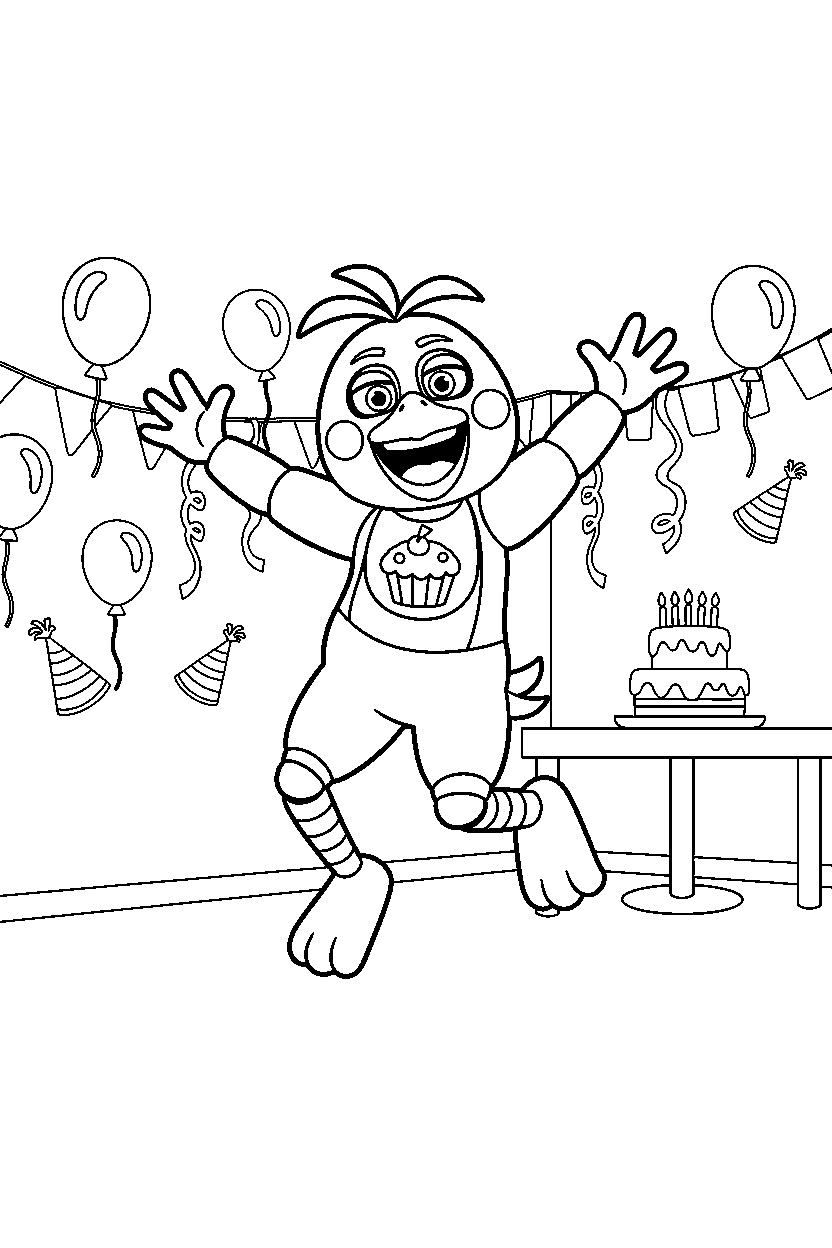 chica the chicken from five nights at freddy s jumping happily in a decorated party room line art