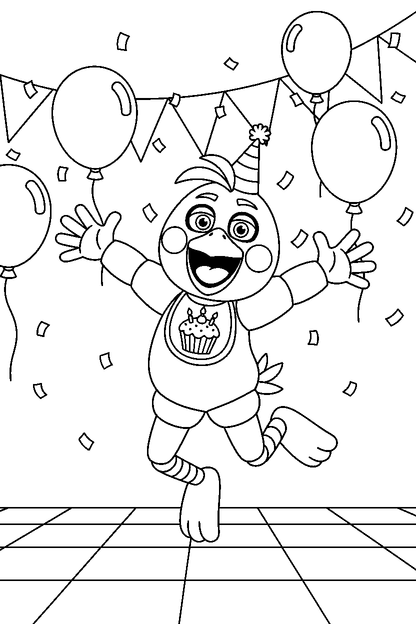 chica the chicken from five nights at freddy s jumping happily in a festive event room line art