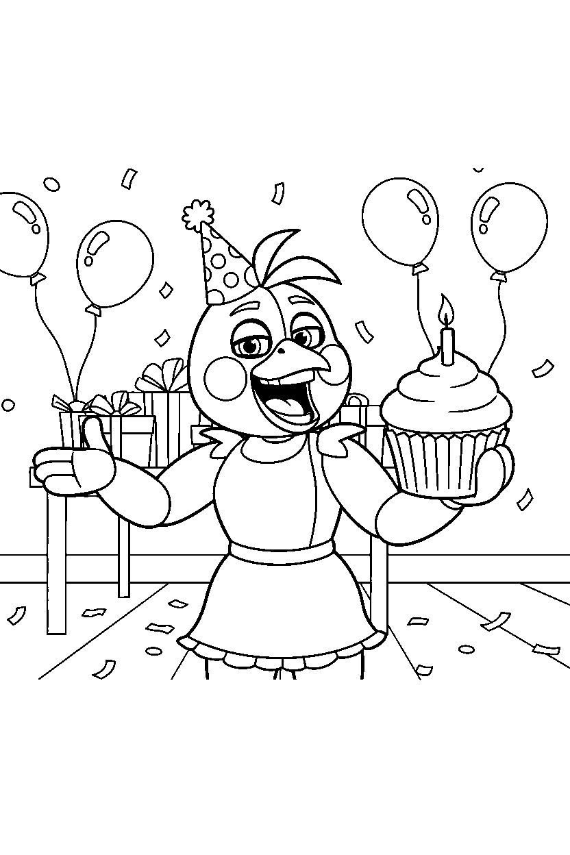 chica the chicken from five nights at freddy s laughing happily in a birthday celebration room line art