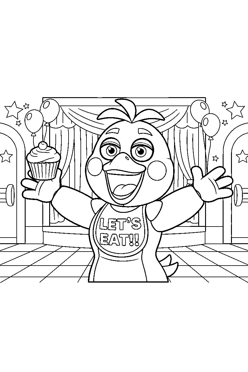 chica the chicken from five nights at freddy s laughing happily in a colorful entertainment hall line art