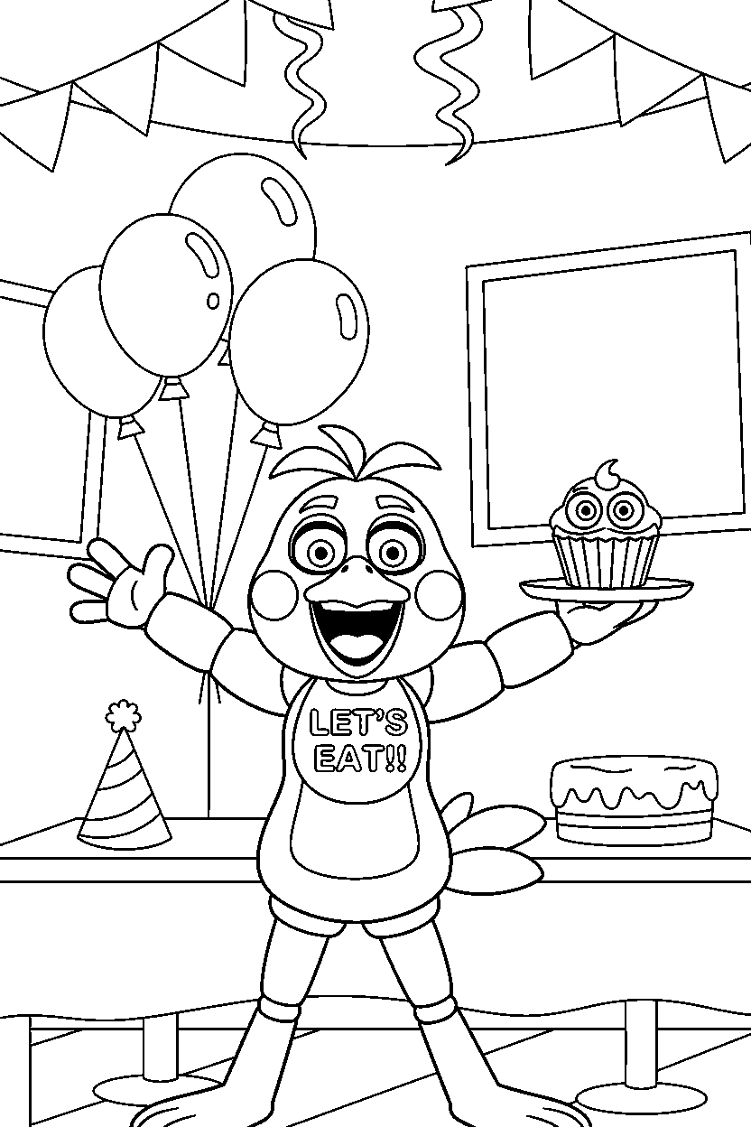 chica the chicken from five nights at freddy s laughing happily in a colorful party hall line art