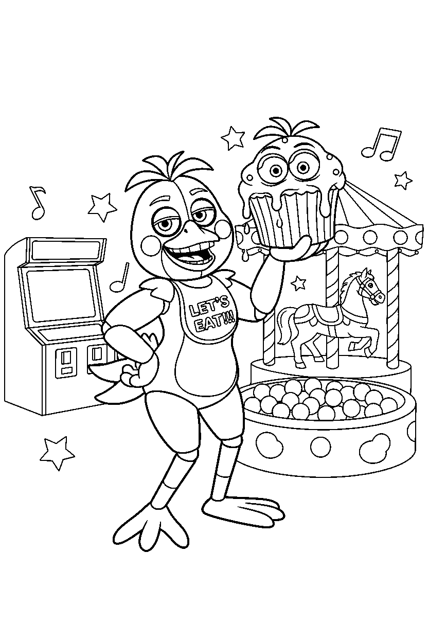 chica the chicken from five nights at freddy s making a funny pose in a fun entertainment center line art