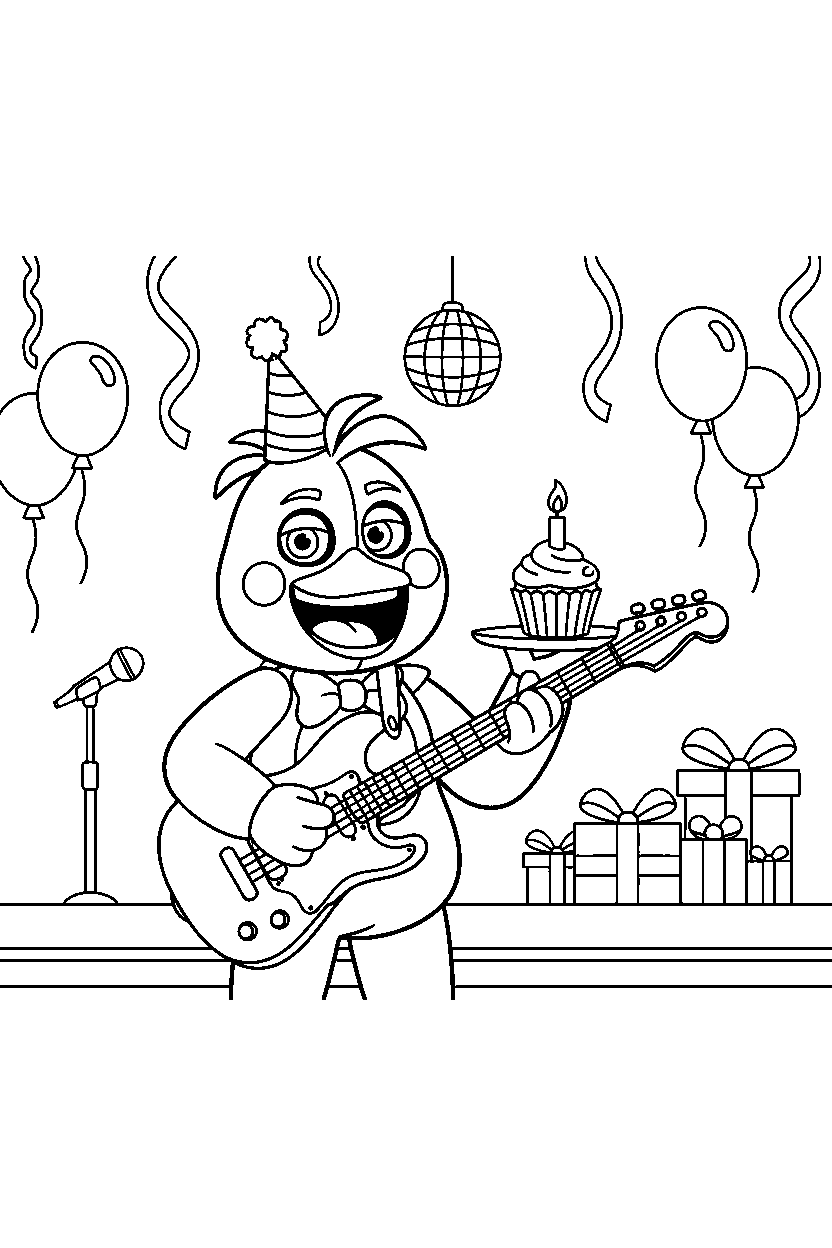 chica the chicken from five nights at freddy s playing music in a celebration hall line art