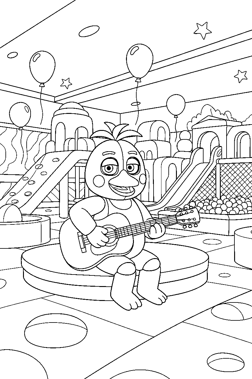 chica the chicken from five nights at freddy s playing music inside an indoor play area line art