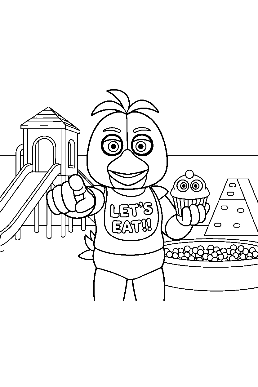chica the chicken from five nights at freddy s pointing forward inside an indoor play area line art