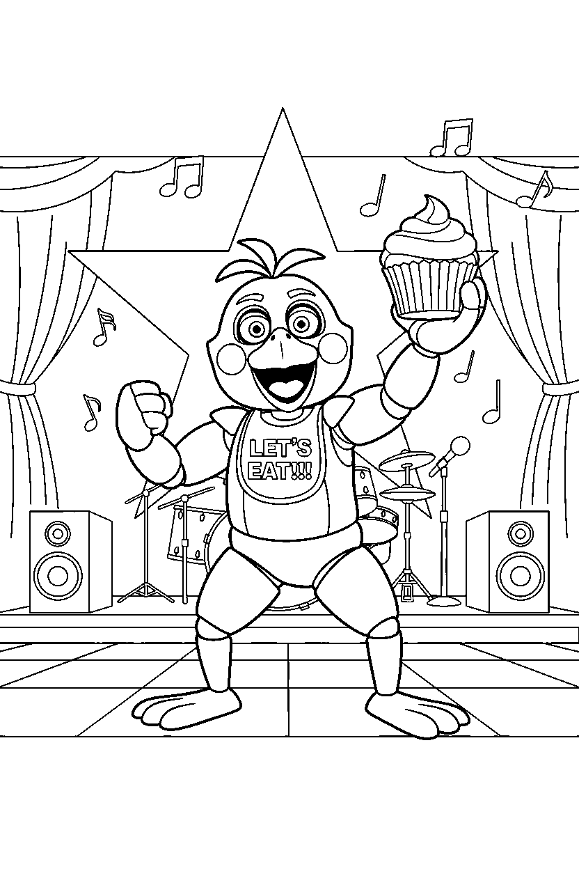 chica the chicken from five nights at freddy s posing heroically in a music stage hall line art