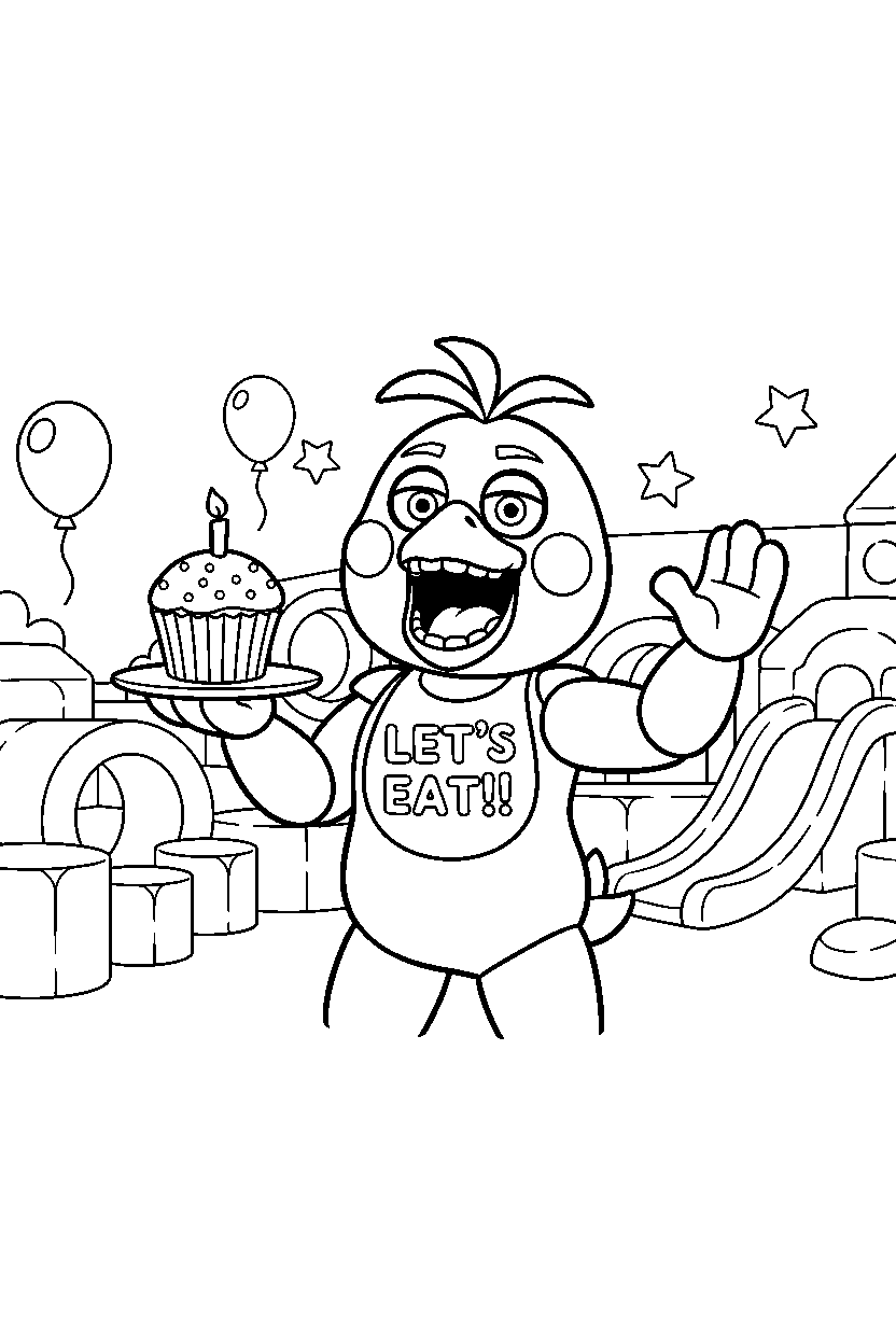chica the chicken from five nights at freddy s singing inside an indoor play area line art