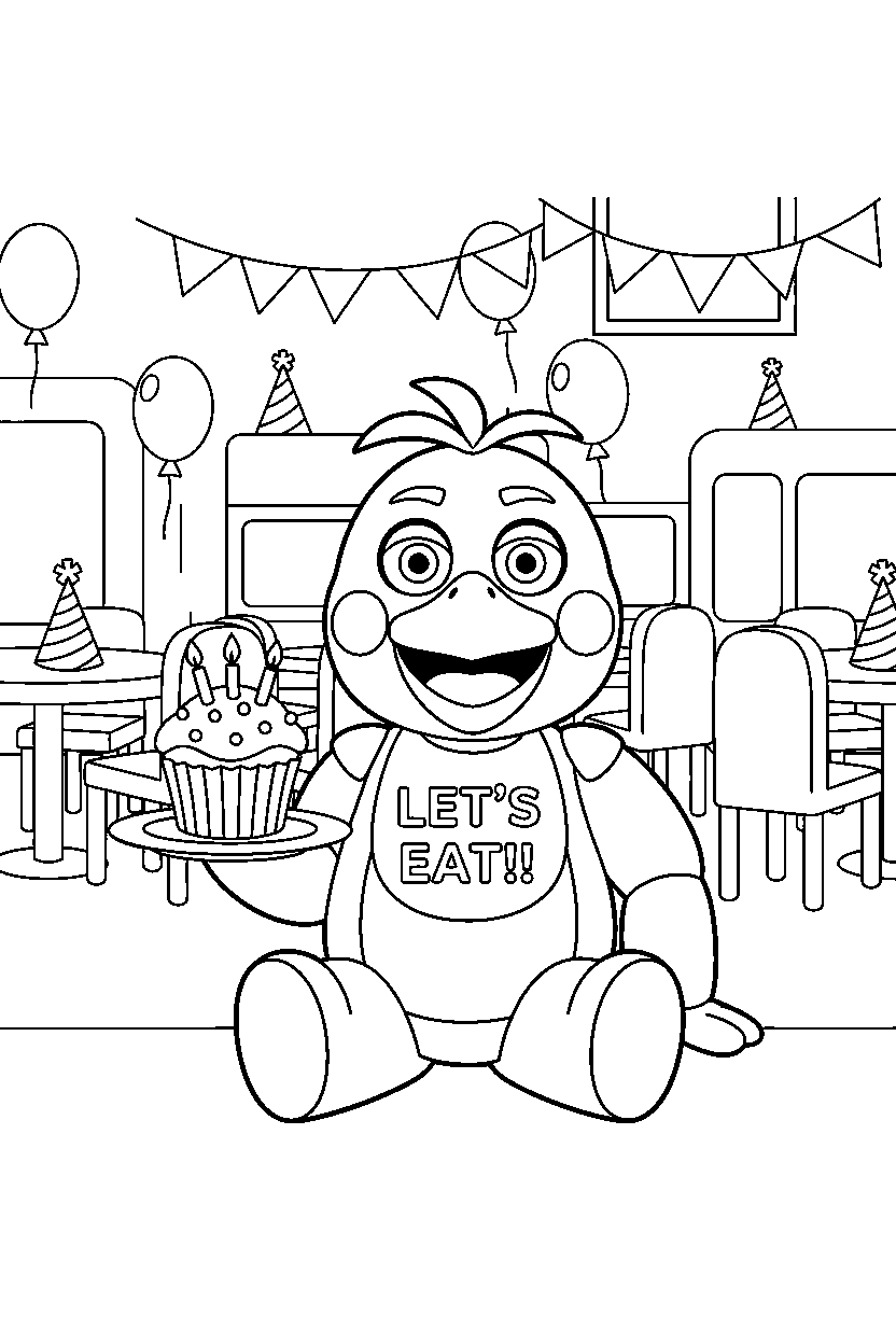 chica the chicken from five nights at freddy s sitting and smiling in a colorful entertainment hall line art
