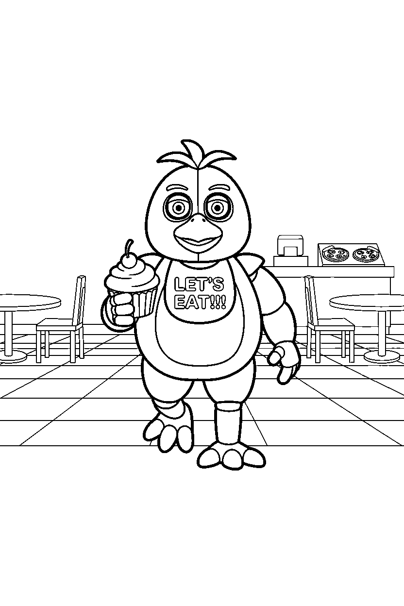 chica the chicken from five nights at freddy s walking forward in a family restaurant line art