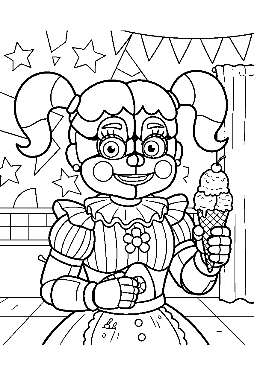 circus baby offering an ice cream cone inside the colorful party room line art
