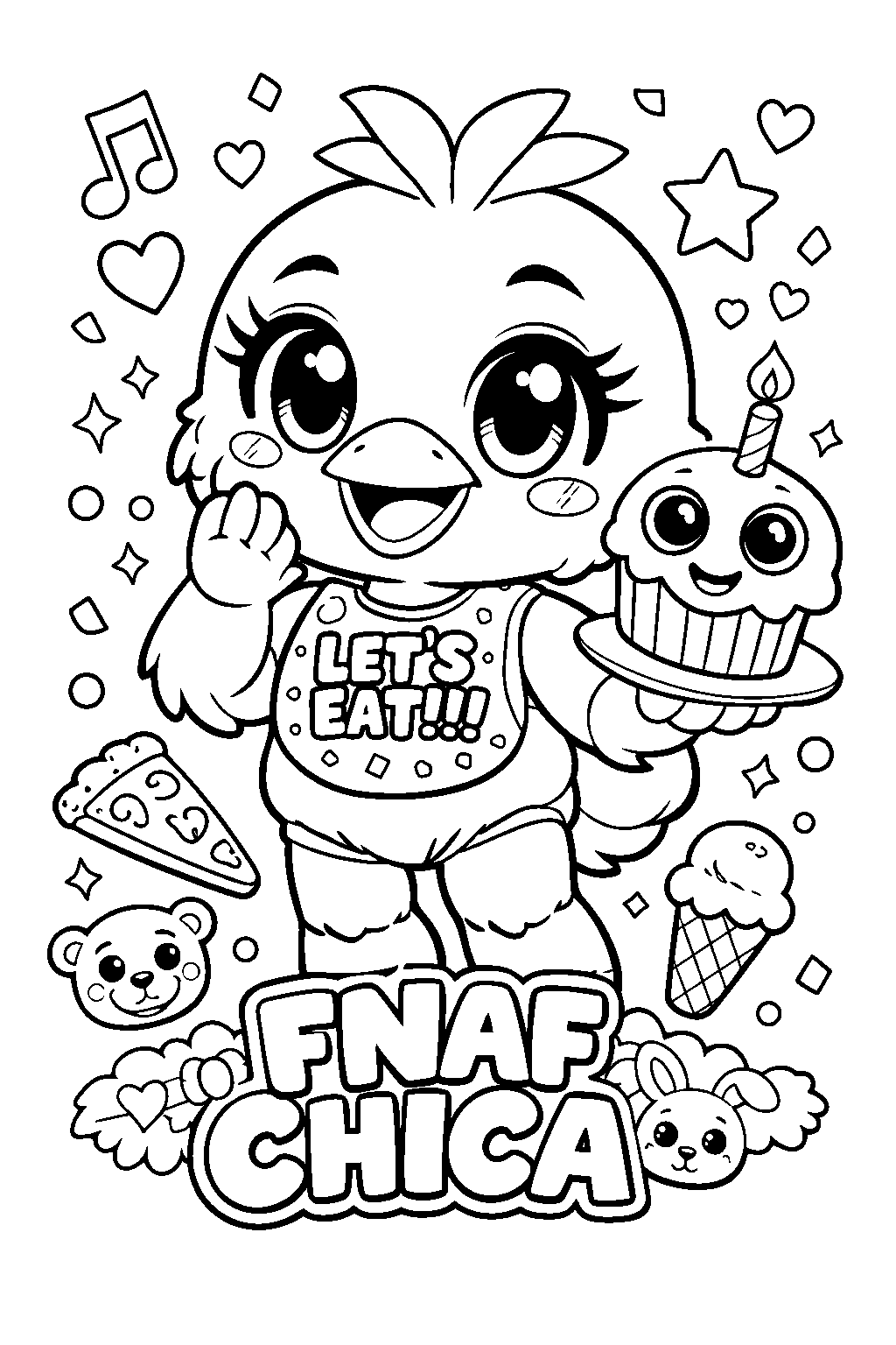 cute fnaf chica line art with cupcake