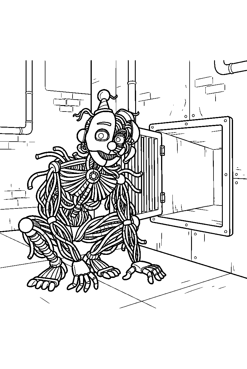 ennard crouching beside an open vent inside the underground facility line art