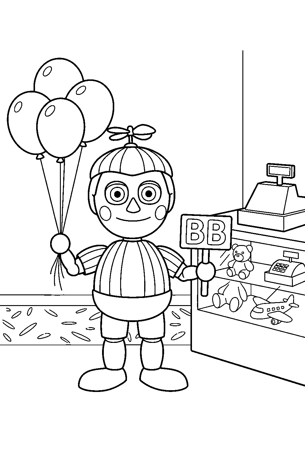 fnaf balloon boy holding balloons beside an arcade prize counter line art