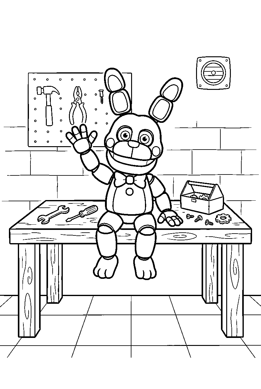 fnaf bon bon waving from a workbench inside the maintenance room line art