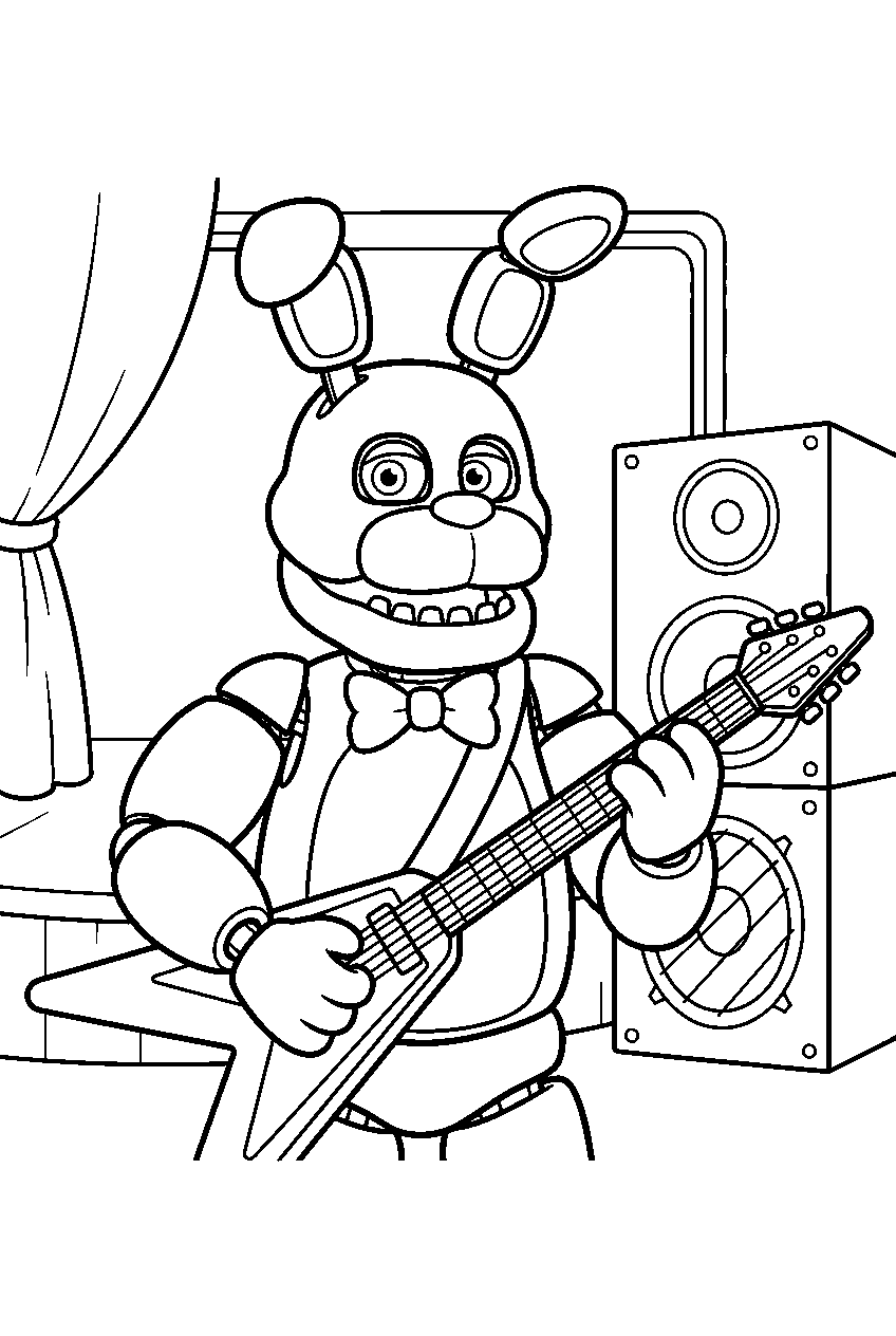 fnaf bonnie strumming an electric guitar beside the stage speakers line art