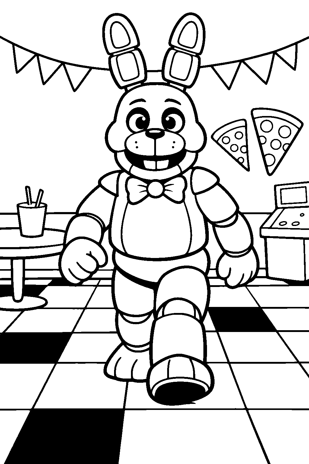 fnaf bonnie walking forward in a pizza restaurant line art