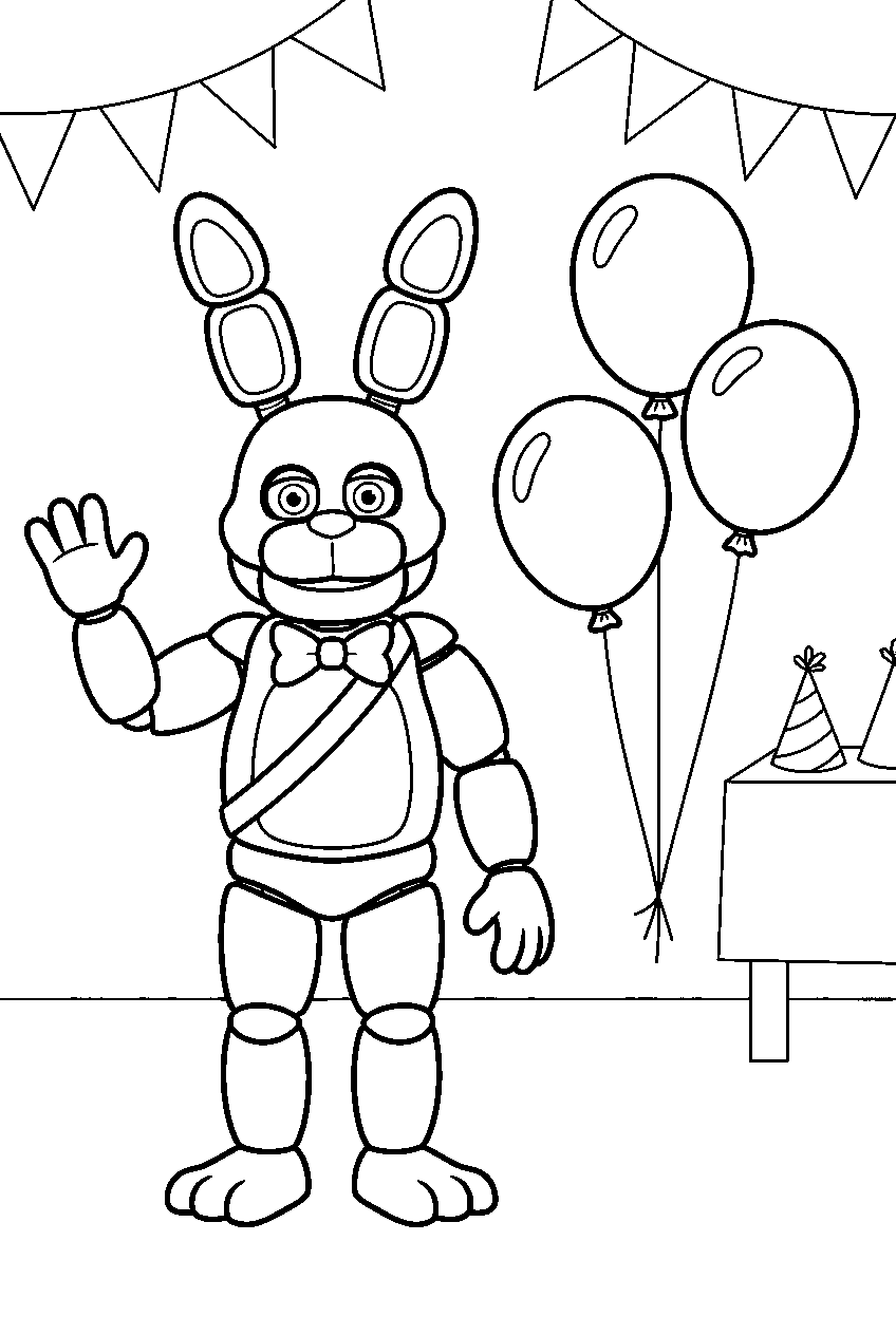 fnaf bonnie waving beside balloons in the pizzeria party room line art