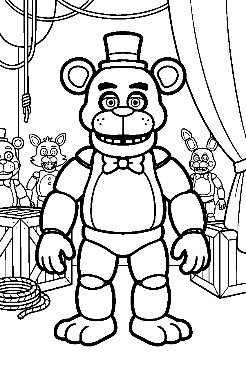 fnaf characters in backstage area line art