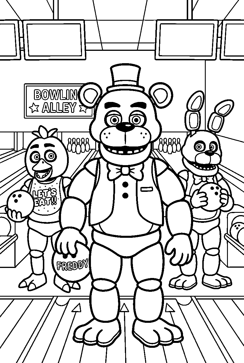 fnaf characters in bowling alley line art