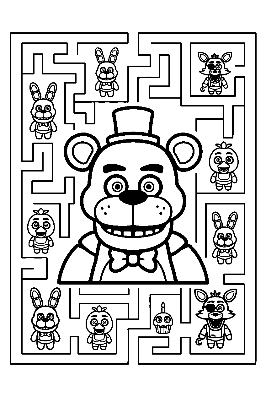 fnaf characters in daycare maze line art