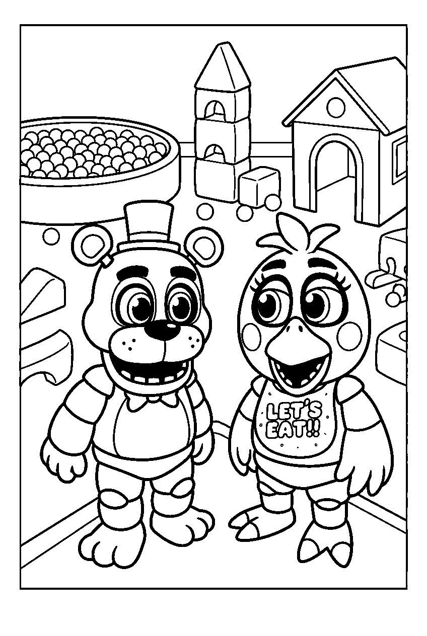fnaf characters in daycare play area line art