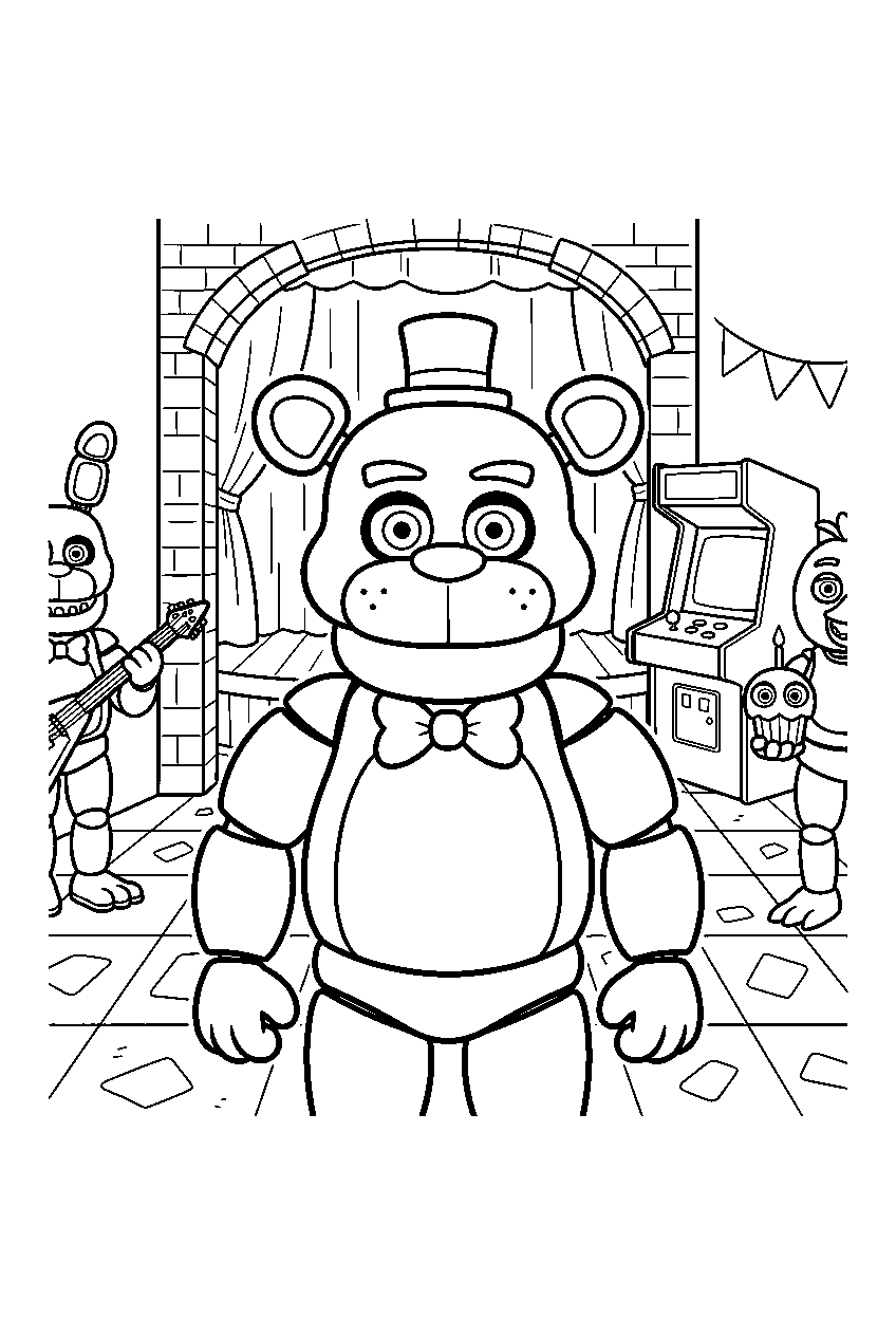 fnaf characters in entrance lobby line art