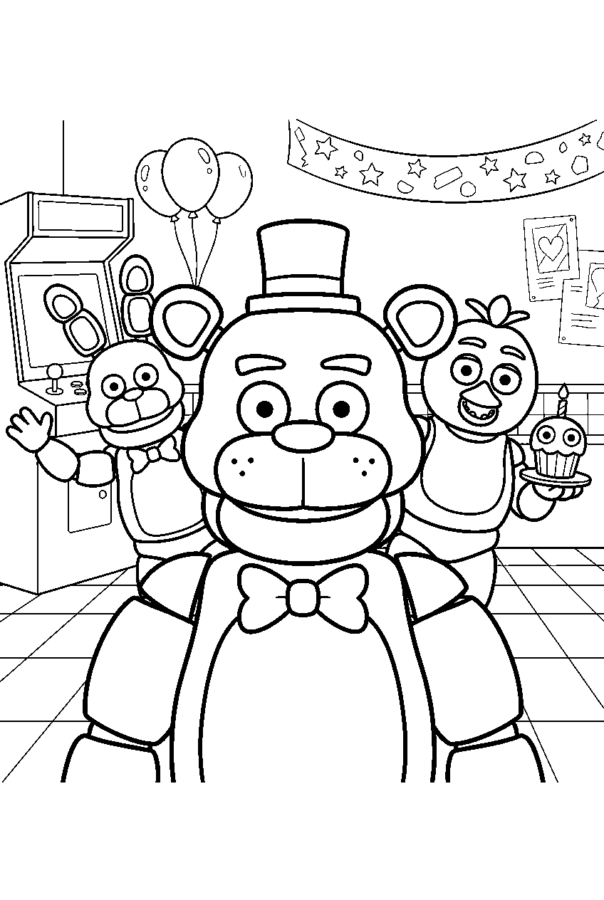 fnaf characters in game room line art