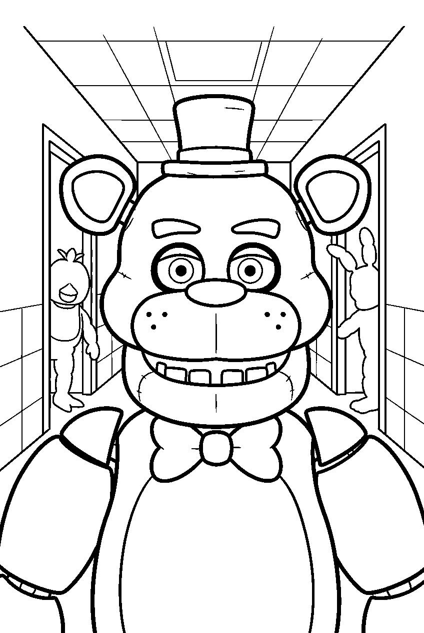 fnaf characters in hallway line art