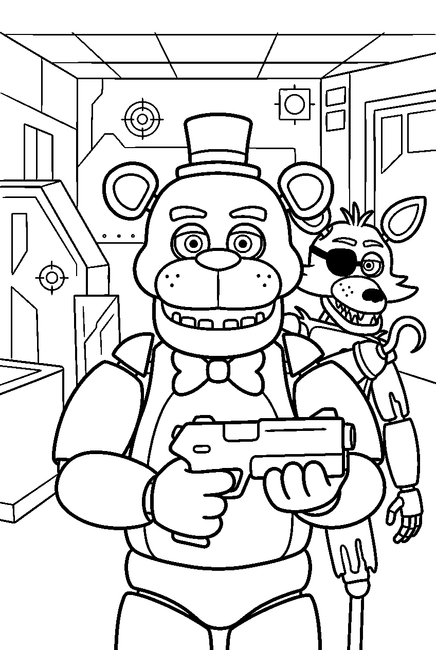 fnaf characters in laser tag arena line art