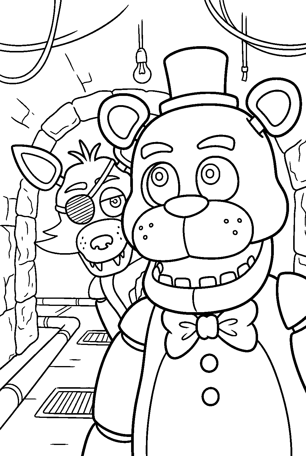 fnaf characters in maintenance tunnel line art