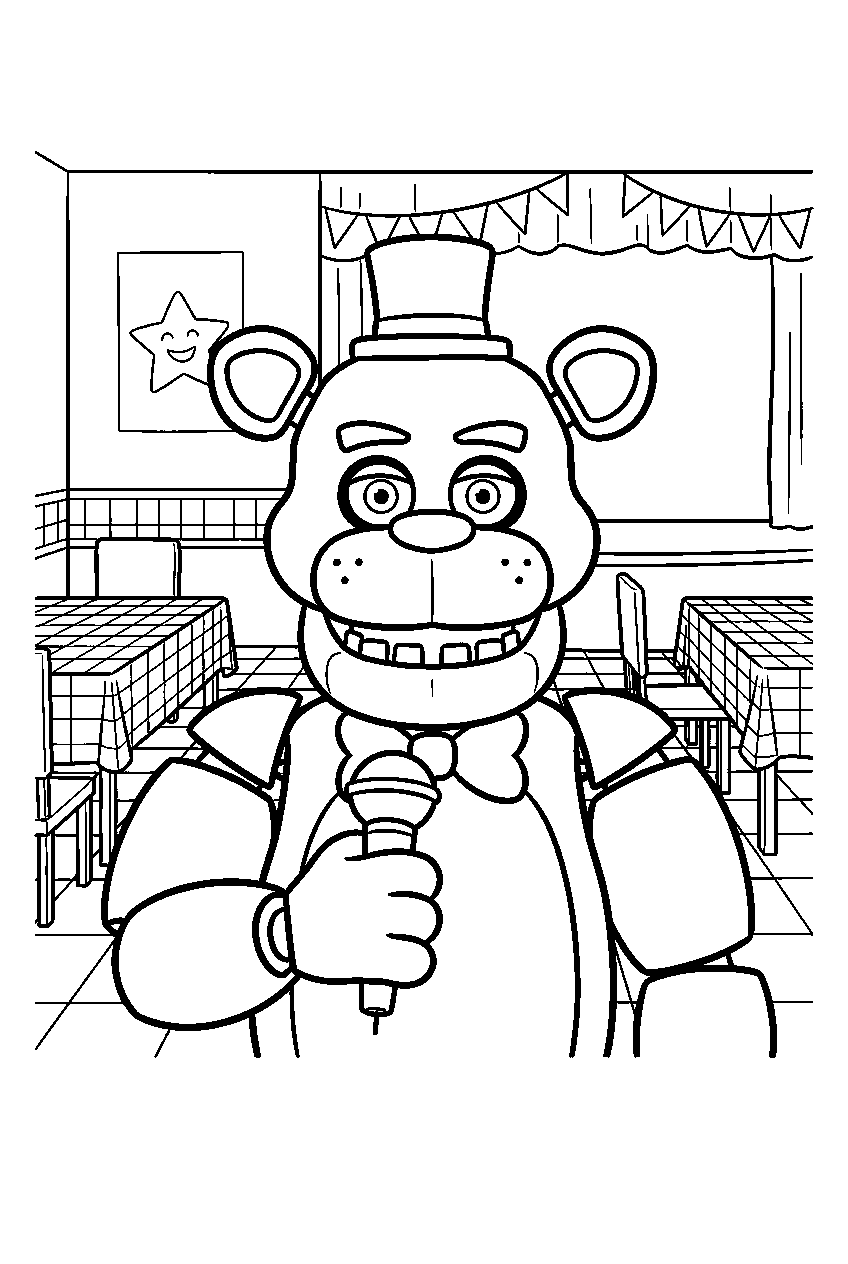 fnaf characters in pizzeria dining hall line art