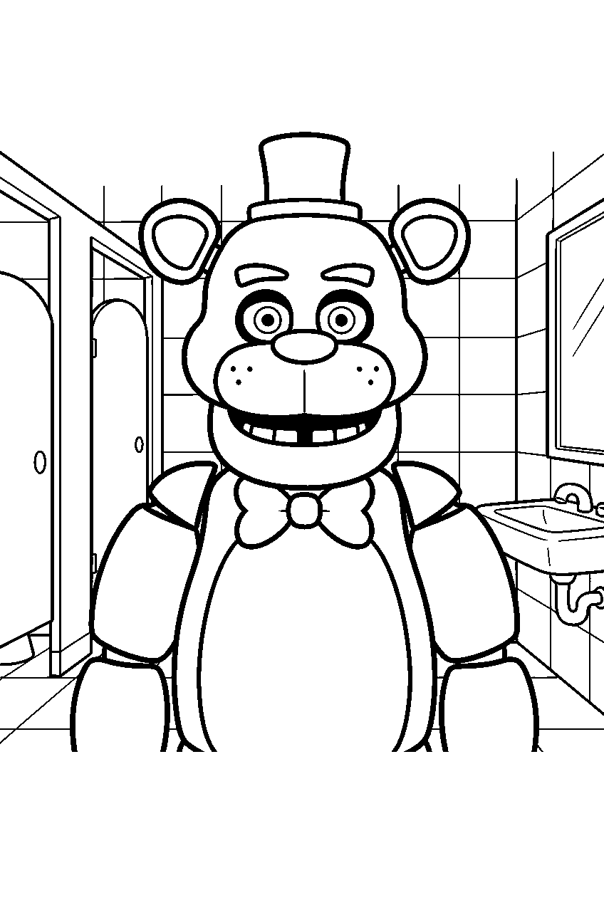 fnaf characters in restroom area line art
