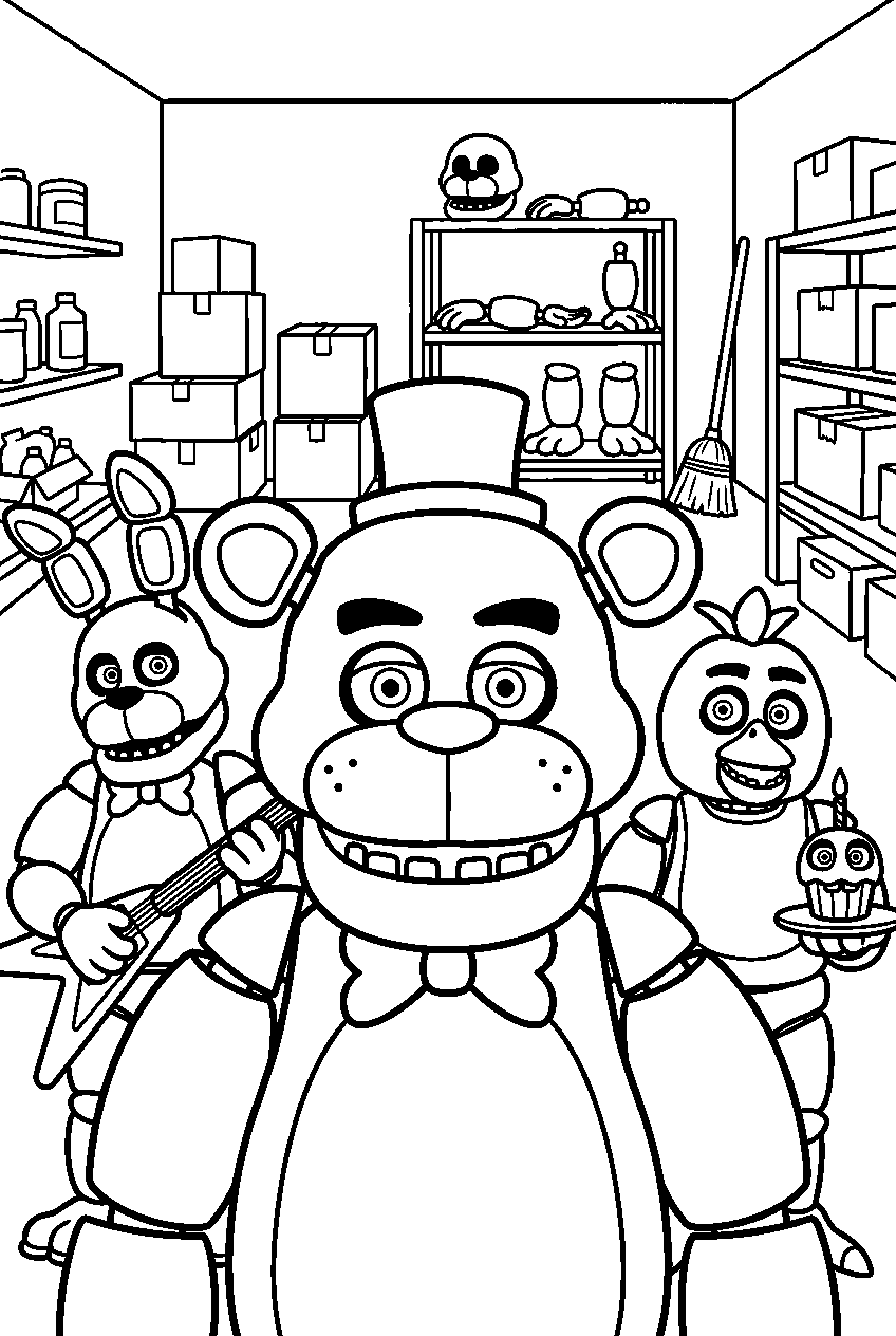 fnaf characters in storage room line art