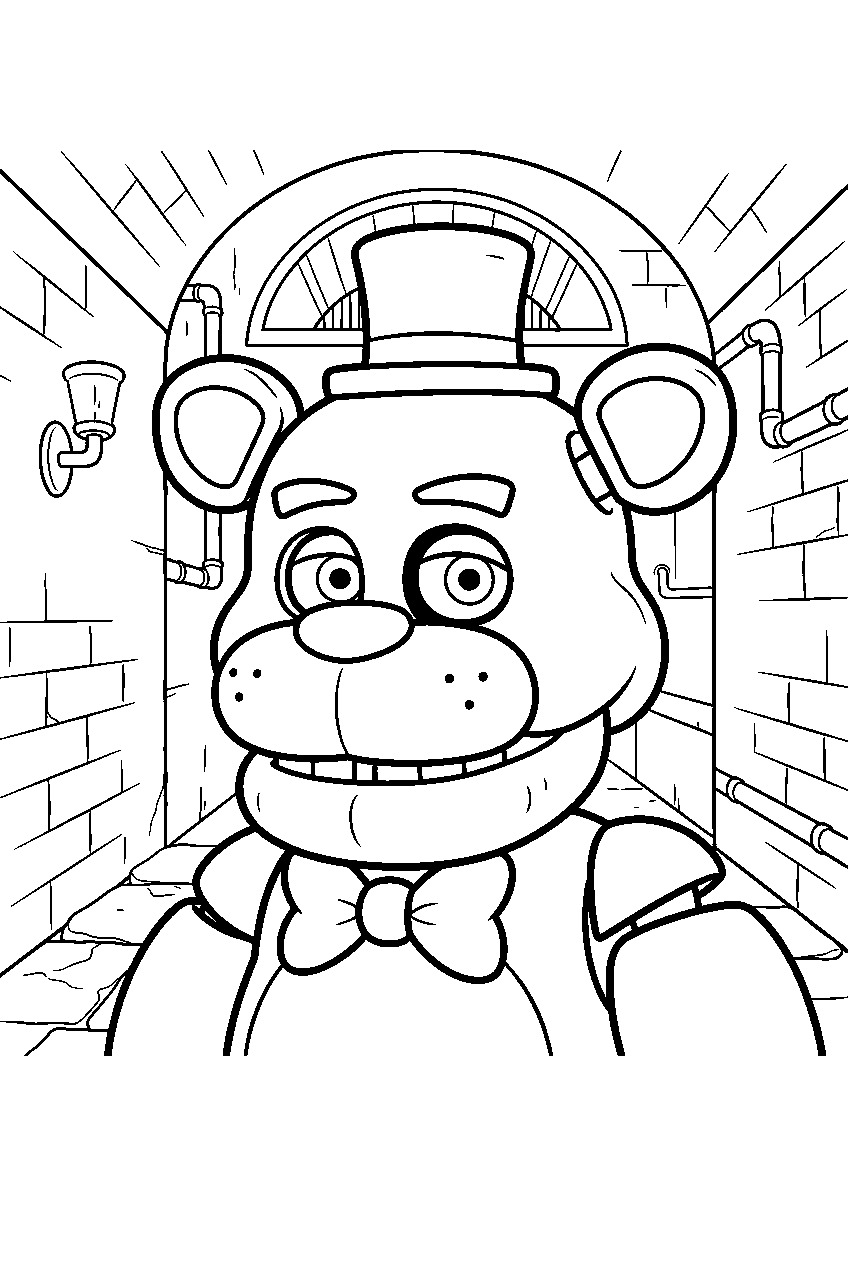 fnaf characters in underground hallway line art
