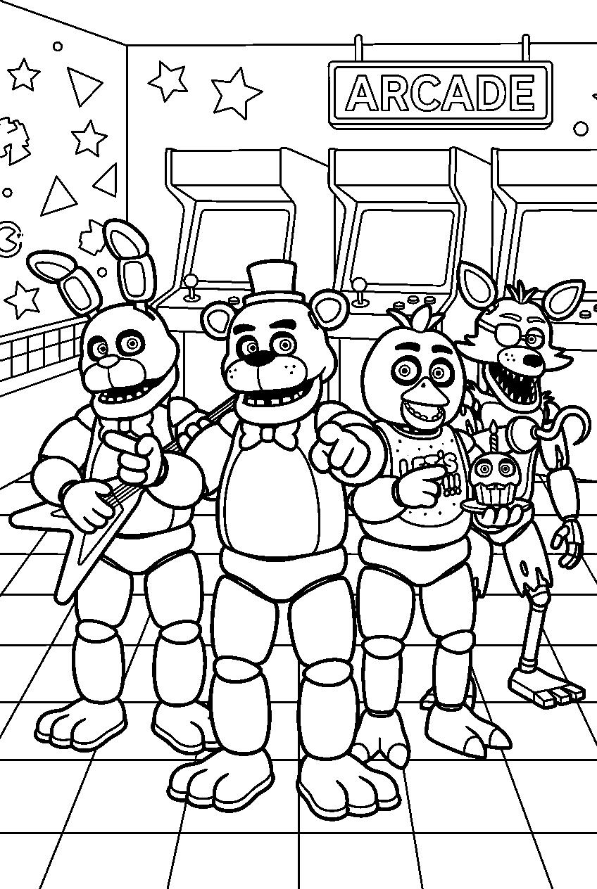 fnaf characters pointing in game room line art