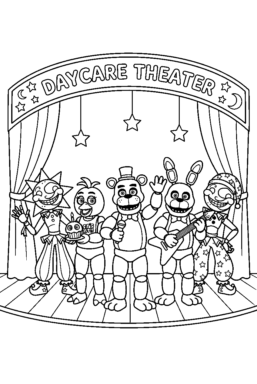fnaf characters posing in daycare theater line art