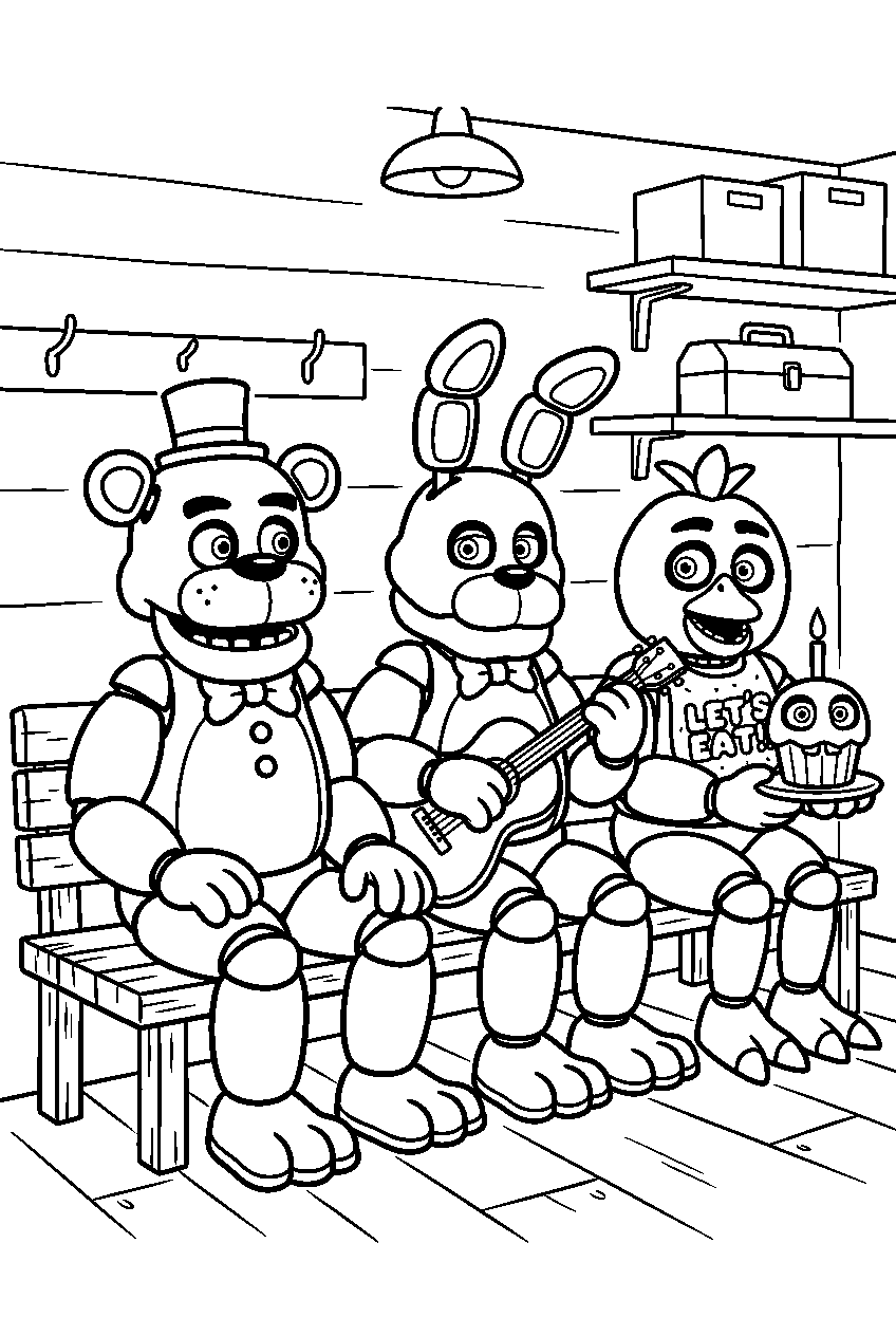 fnaf characters sitting in maintenance room line art