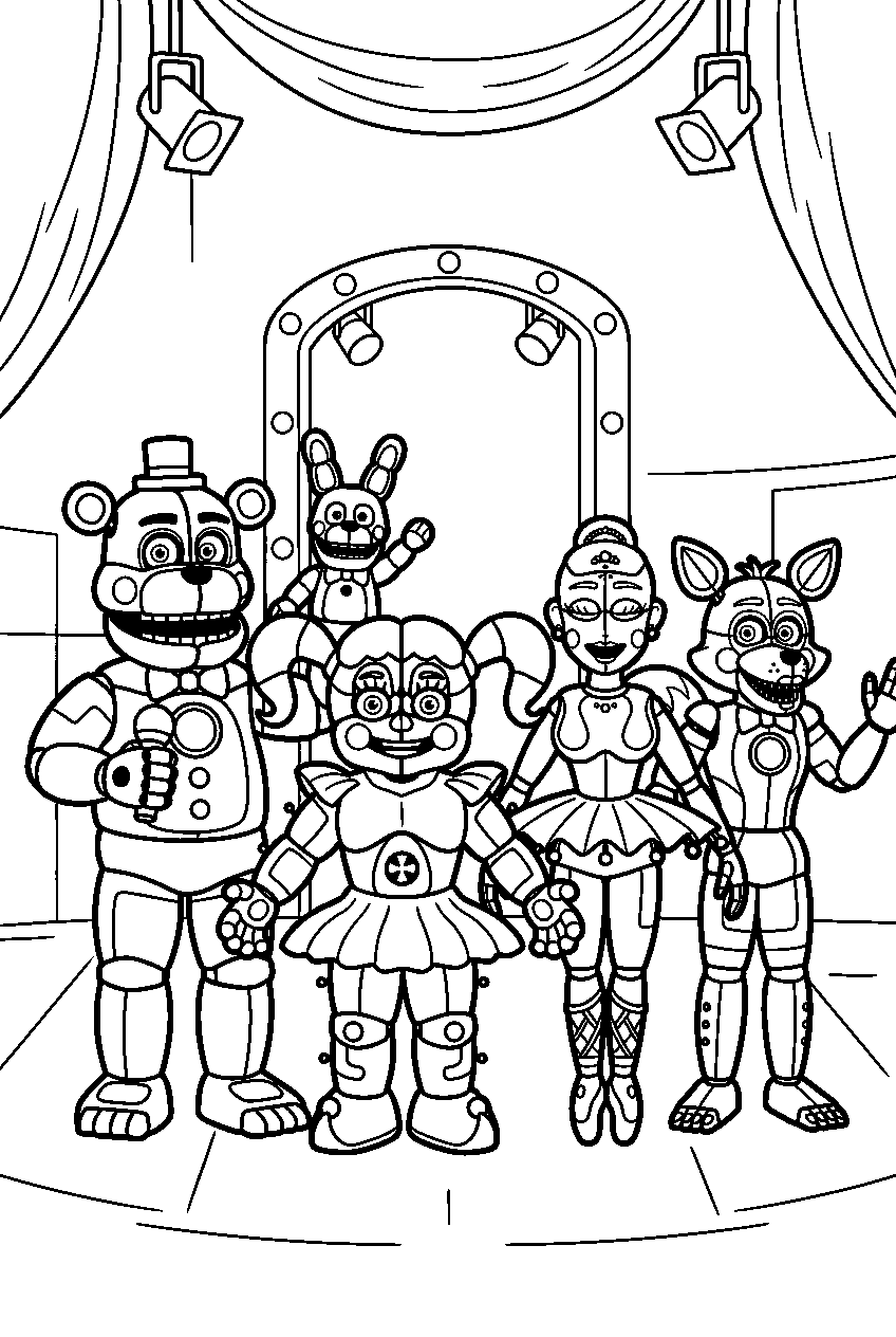 fnaf characters standing in funtime auditorium line art