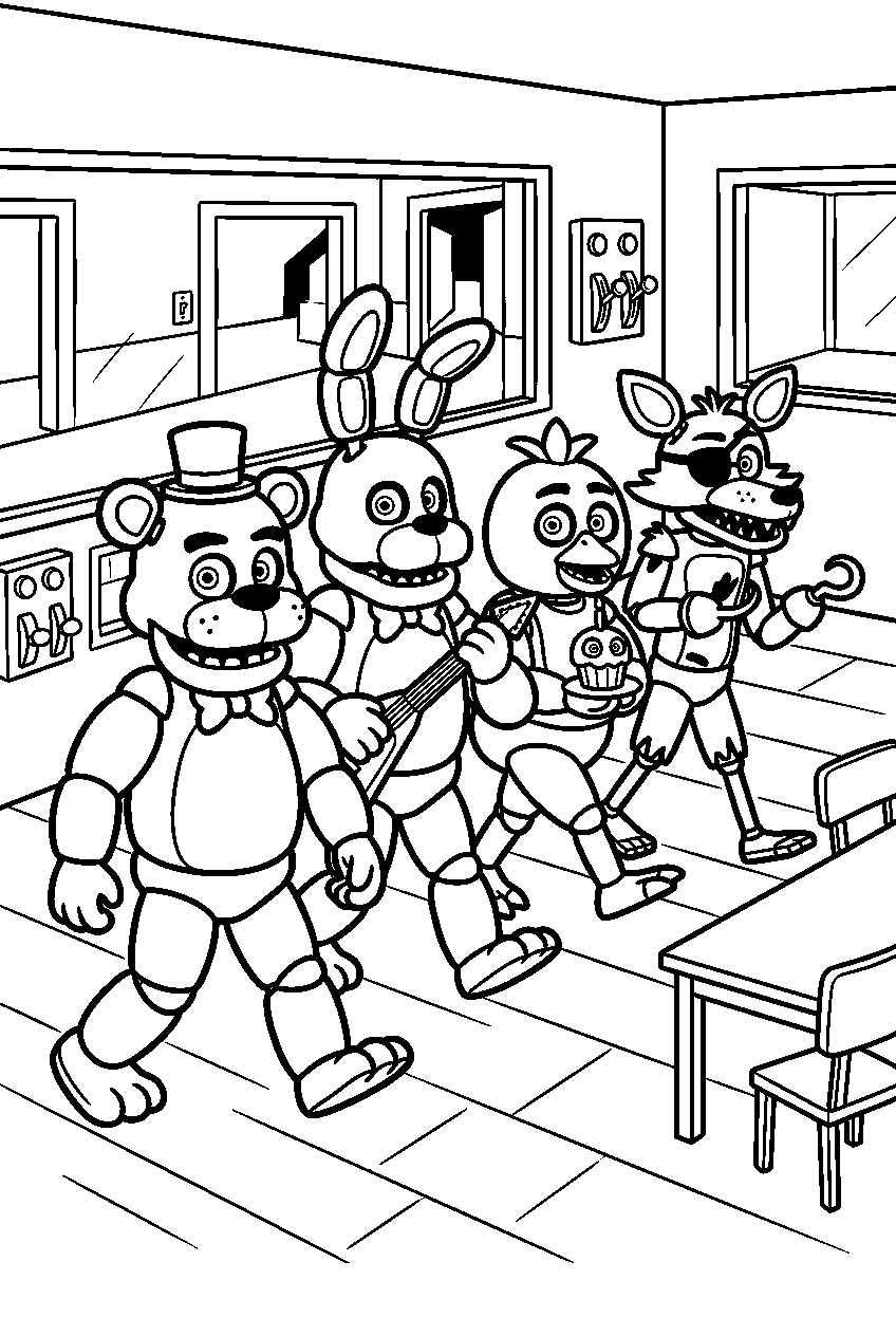 fnaf characters walking in observation room line art