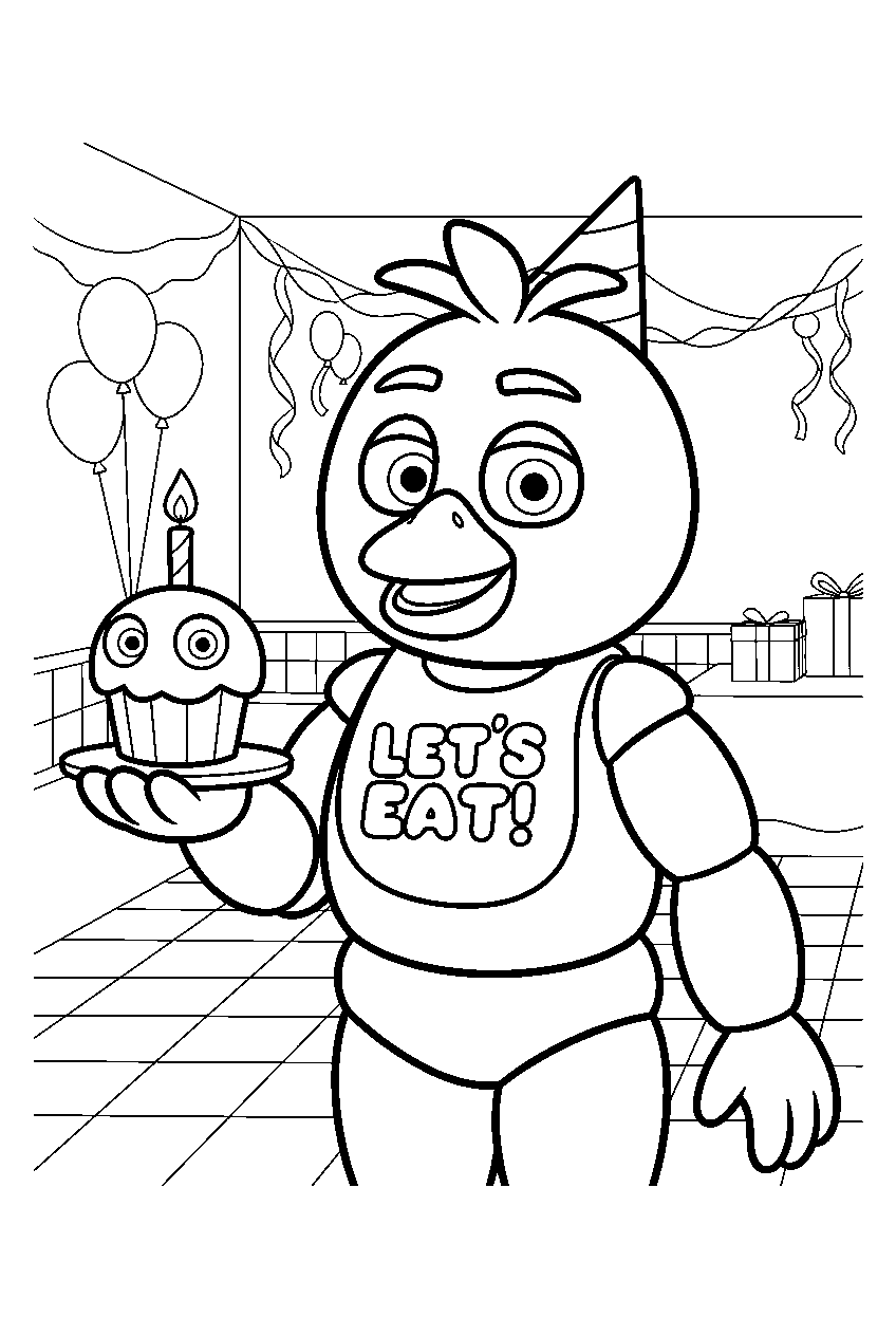 fnaf chica carrying her cupcake through the decorated party room line art