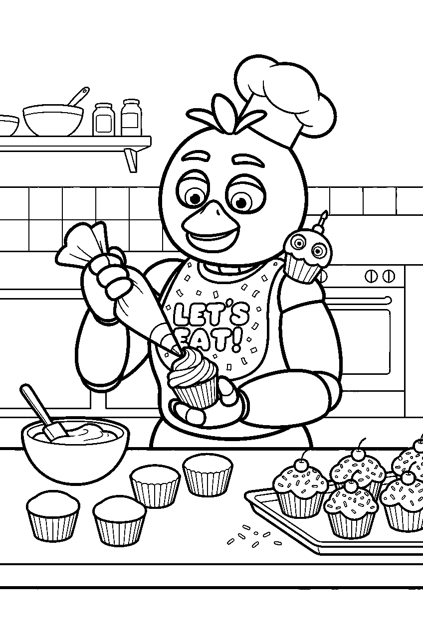 fnaf chica decorating cupcakes at the pizzeria kitchen counter line art