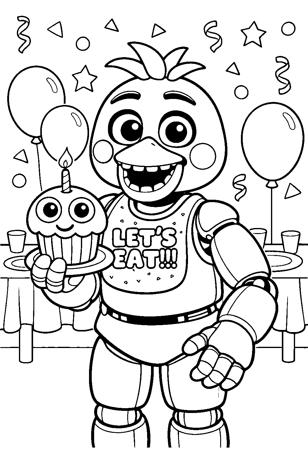 fnaf chica holding a cupcake line art