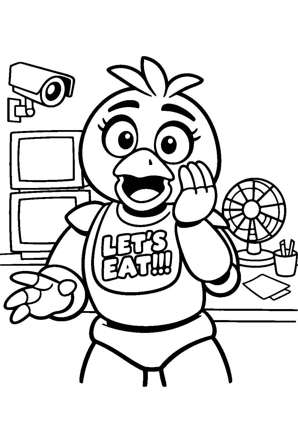 fnaf chica looking surprised inside a security office line art