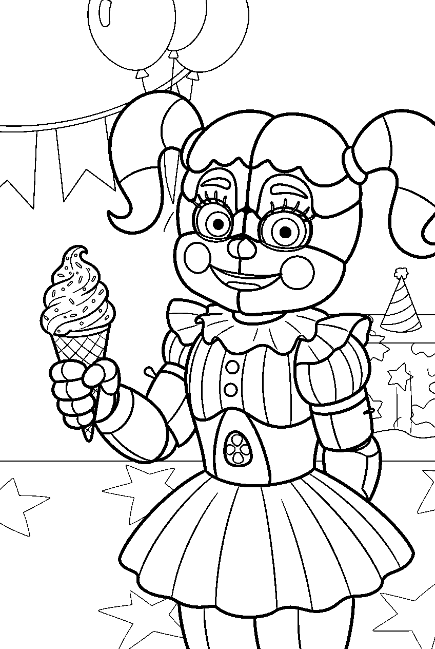 fnaf circus baby offering an ice cream cone inside the colorful party room line art