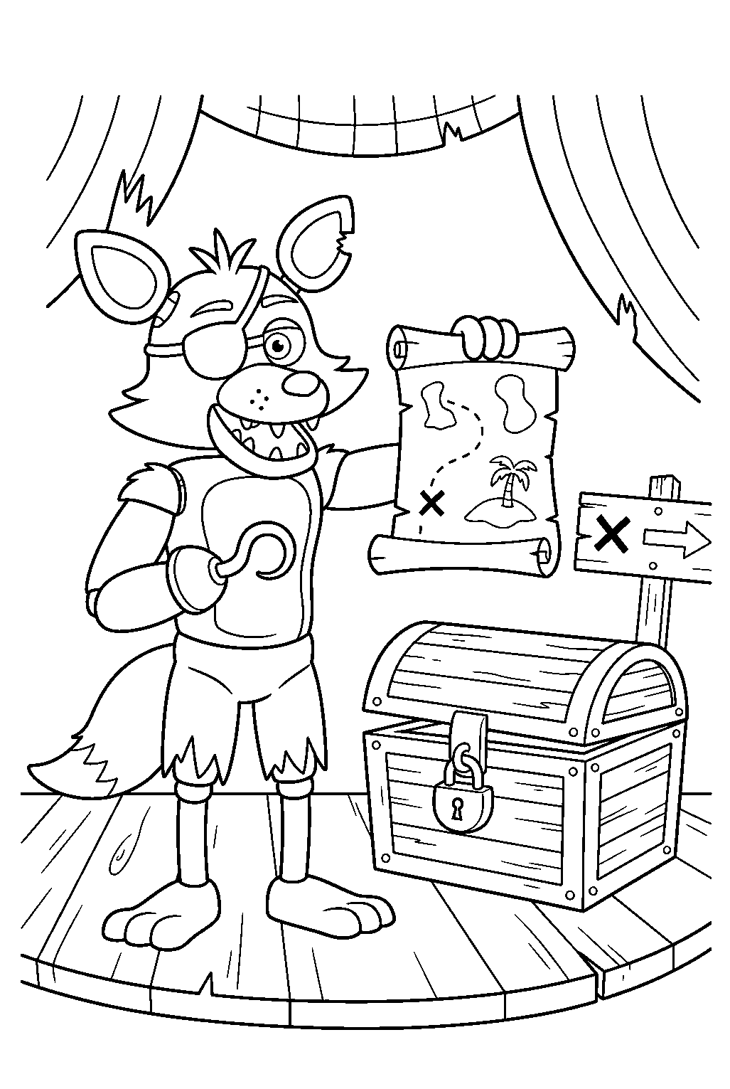 fnaf foxy holding a treasure map beside a chest in pirate cove line art
