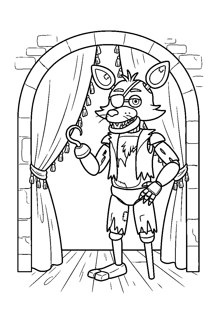 fnaf foxy standing beside open curtains inside pirate cove line art