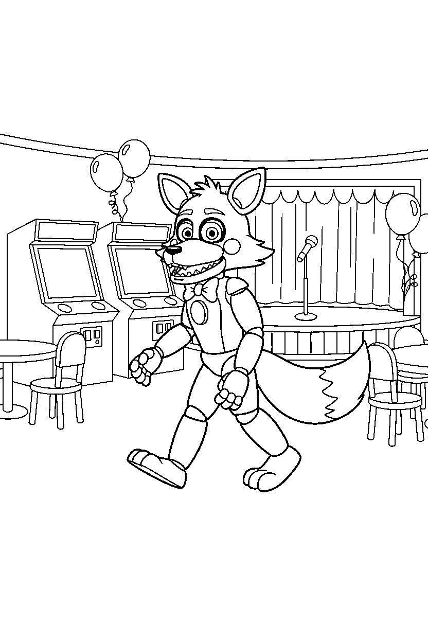 fnaf funtime foxy walking slowly in entertainment room line art