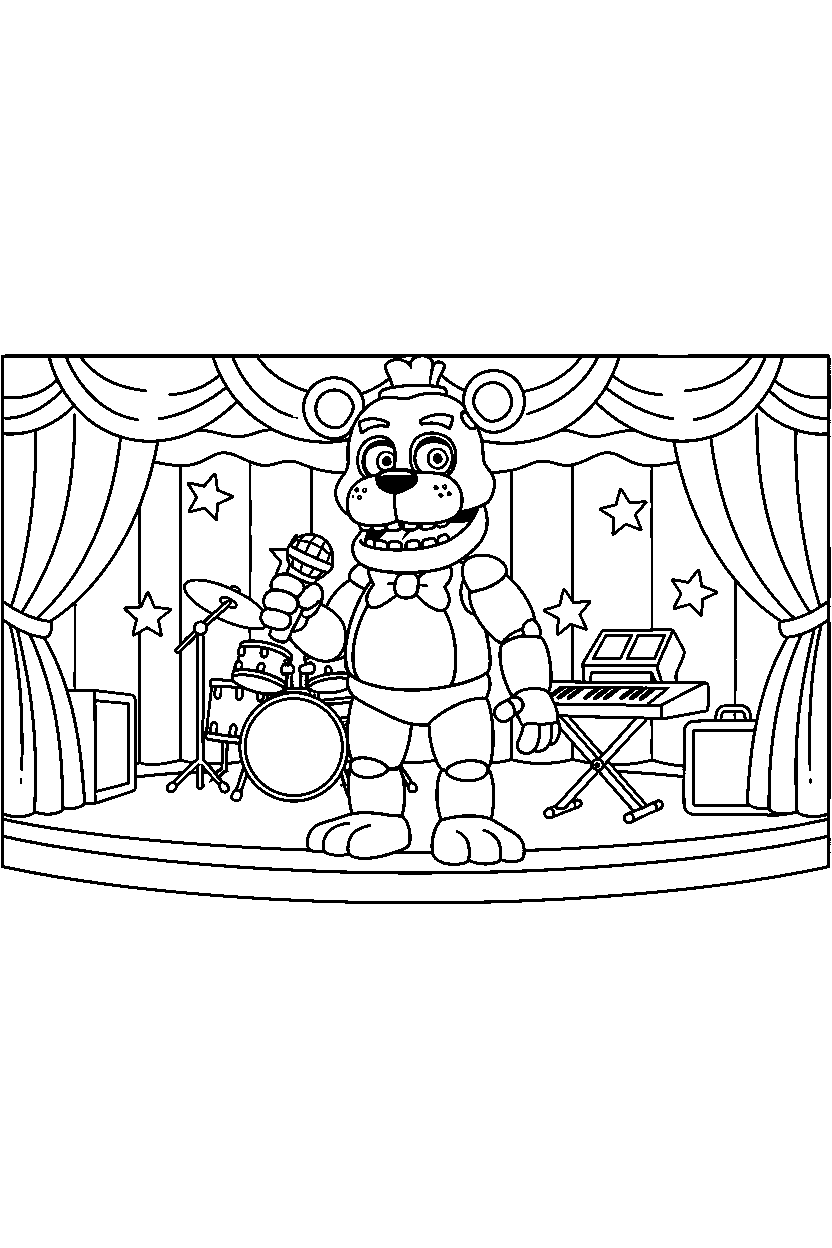 fnaf golden freddy exploring in animatronic stage line art