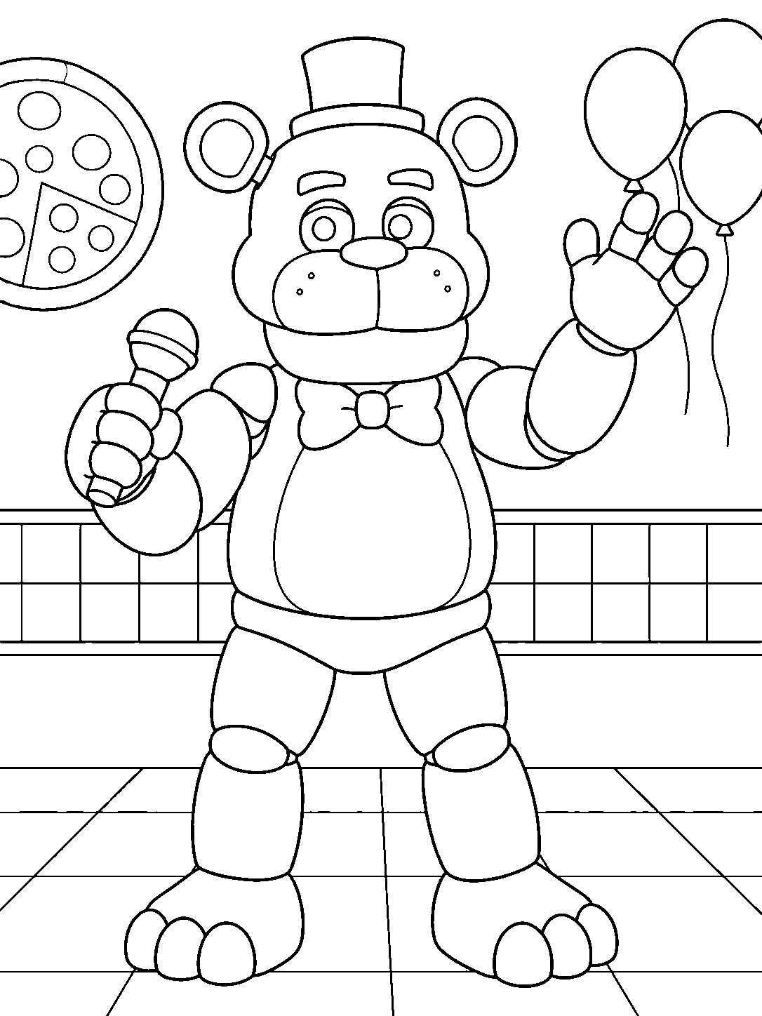 fnaf golden freddy posing in pizzeria line art